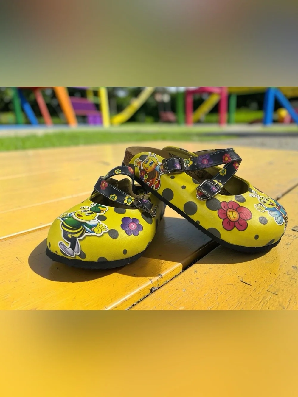Kids Calceo Yellow Bee Print Mary Jane Clogs w/Cork Style Sole Size EU 35/US 3.5